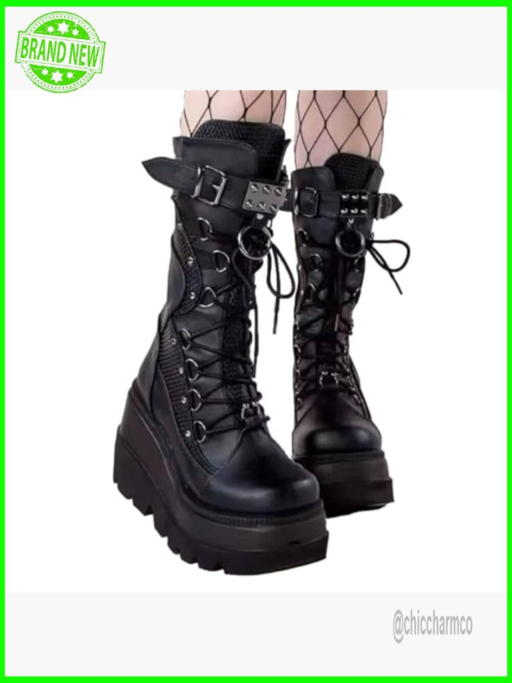 Gothic Platform Combat Boots Chunky Wedge Lace-Up Mid-Calf - Picture 5 of 7
